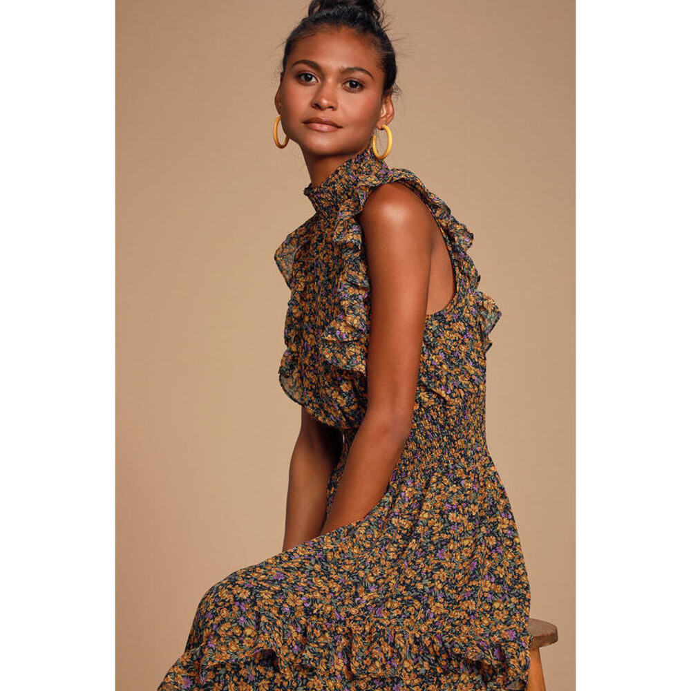 Lulus Evalina Mustard Yellow Floral Print Mock Neck Midi Dress - Size S